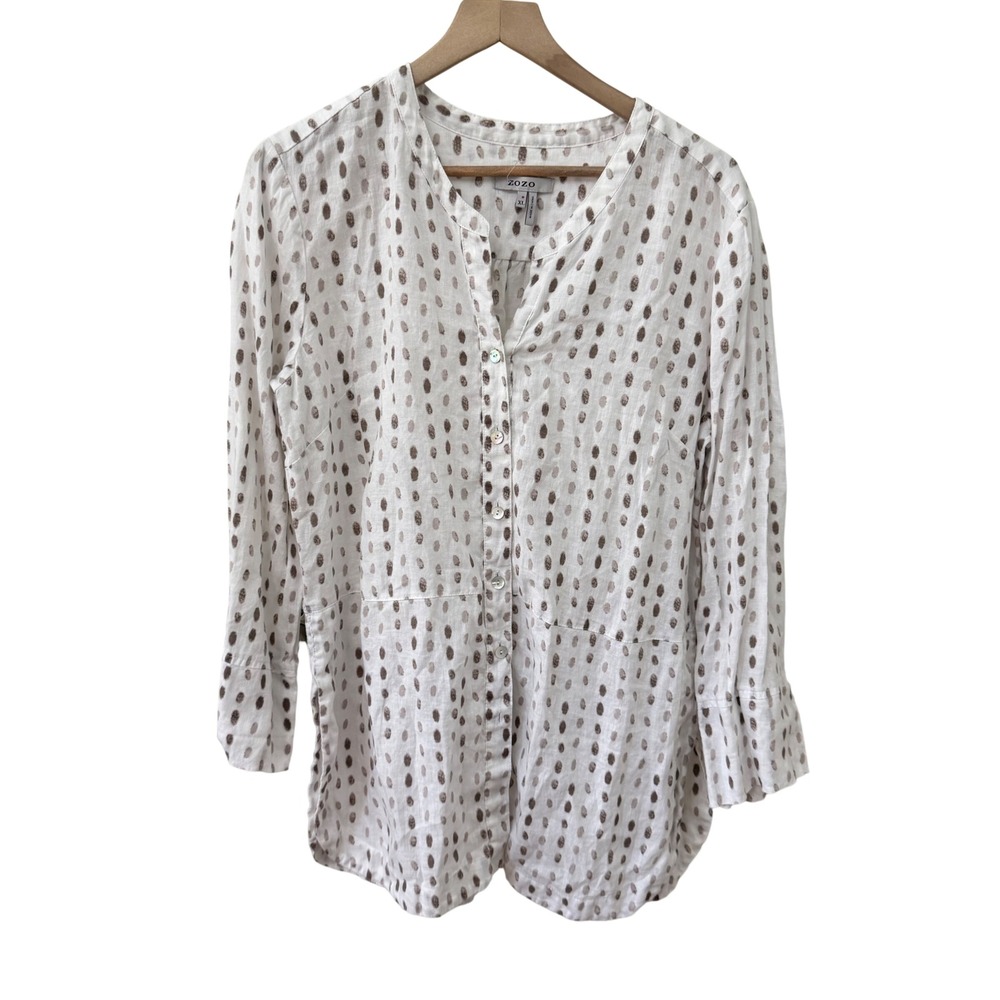ZOZO Tunic XL White Brown Linen Polka Dot Split Neck Button Front Top